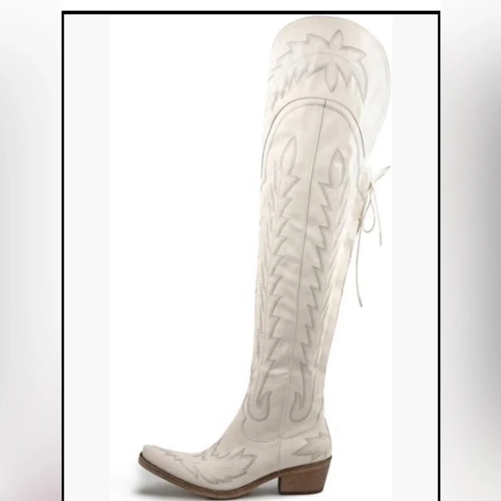 Thigh High Cowboy Boots Wide Calf Western Embroidered Over The Knee Chunky Heel